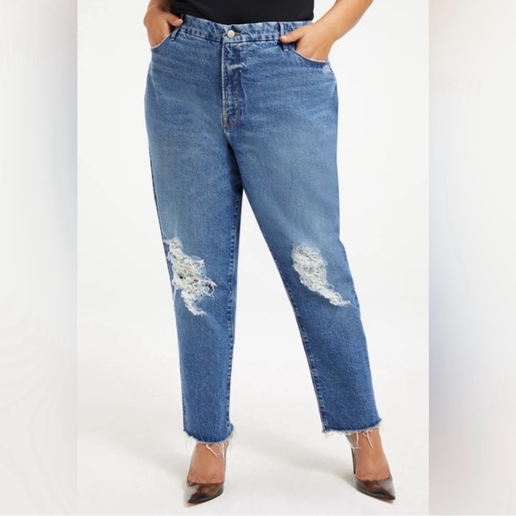 Good American The Weekender Jeans Medium Wash Distressed Raw Hem Size 6/28 - Picture 3 of 10